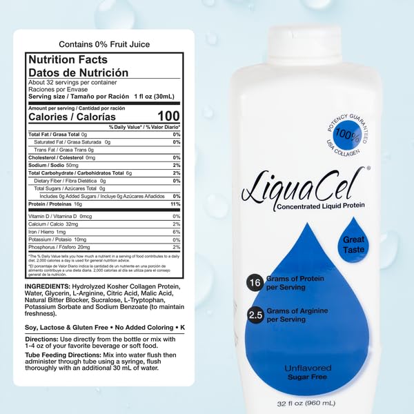 LiquaCel Concentrated Liquid Protein Unflavored Ready-to-Drink 16g Hydrolyzed Collagen Protein and 2.5g Arginine Per 1oz Serving Sugar &amp Gluten Free 32 fl oz Bottle