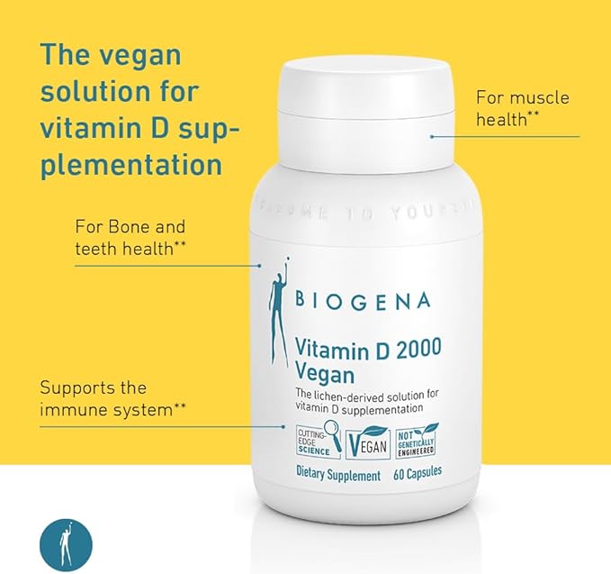 Biogena Vitamin D 2000 Vegan Formula - Sun Vitamin D3 Supplement for Calcium Absorption Immune Support - 60 Capsules**