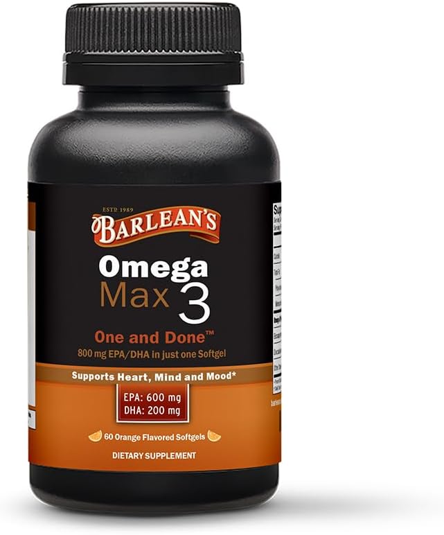 Barlean's Ideal Omega Max 3 Fish Oil Supplements 1000 mg Softgels EPA and DHA Fatty Acid Pills for Men and Women Orange Flavor 60 Count
