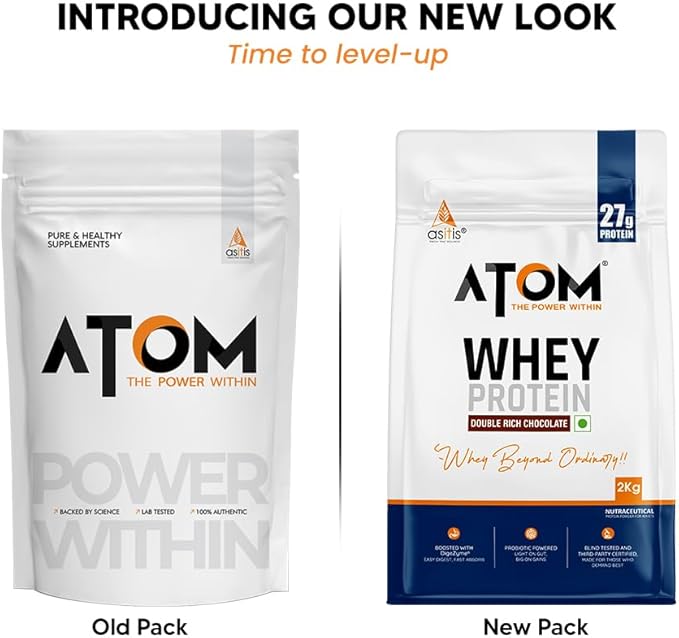 AS-IT-IS Atom Whey Protein 2kg/70.5 Oz With Digestive Enzymes | Usa Labdoor Certified for Accuracy &amp Purity | Double Rich Chocolate Flavor | 27g Protein | 5.7g Bcaaâ