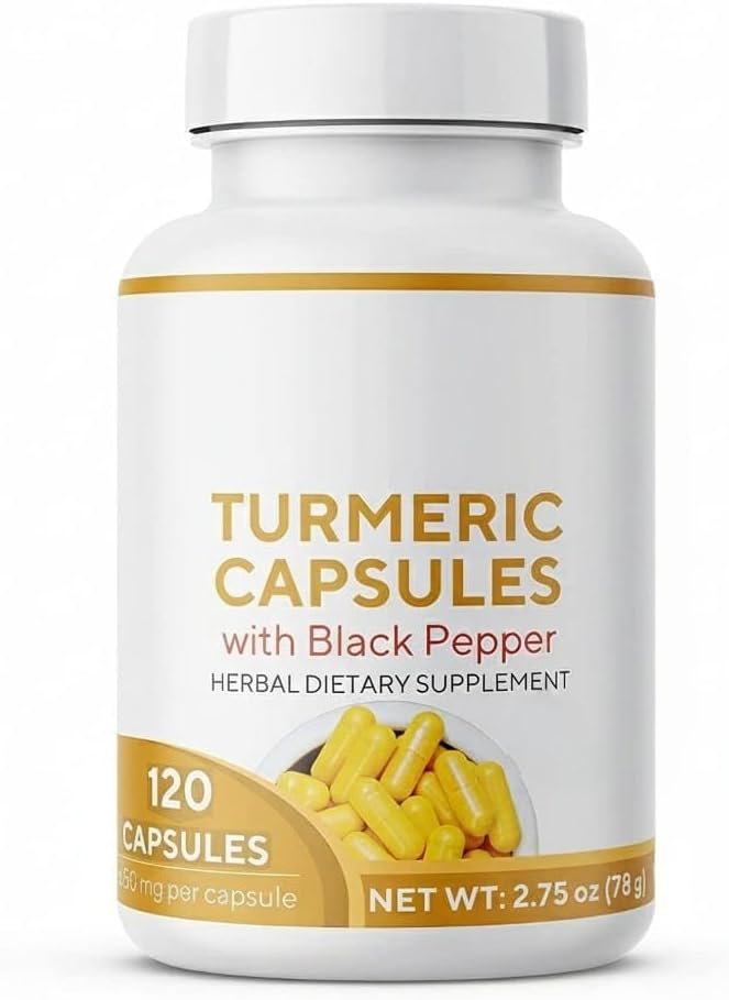 Turmeric Capsules (Haldi with Black Pepper) 120 Veg Capsules Curcumin Supplement 650 mg Each. Joint Support Health and Also Supports in Building a Healthy Immune Support.