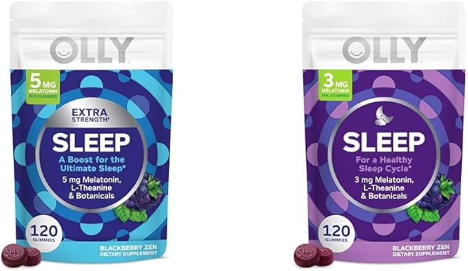 OLLY Extra Strength (5mg) &amp Regular Strength (3mg) Melatonin Sleep Gummies with L-Theanine 120 Count BlackBerry Flavor
