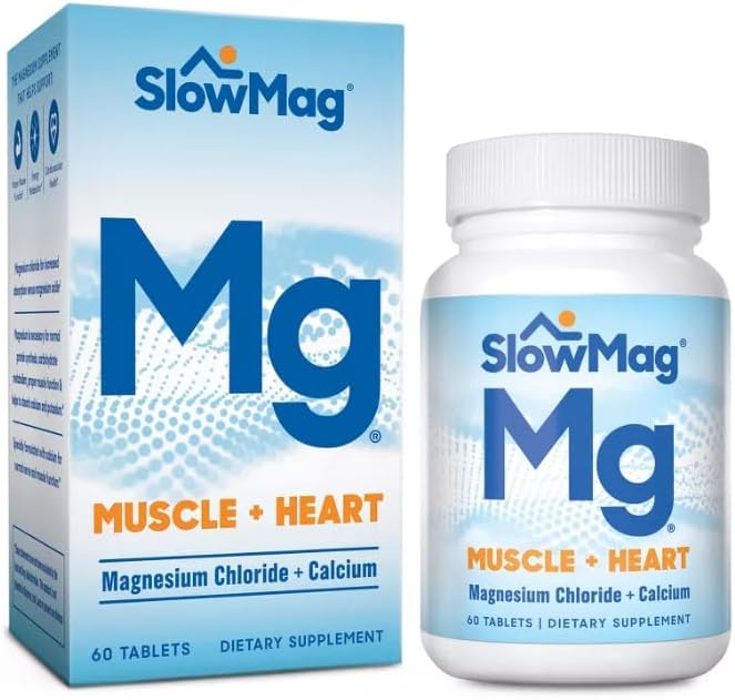 SlowMag Mg Muscle + Heart Supports Muscle Relaxation and Heart Health. Magnesium Chloride + Calcium Slow-Release Tablets Easy to Absorb and Gentle on the Stomach. 60 Count (Pack of 2)