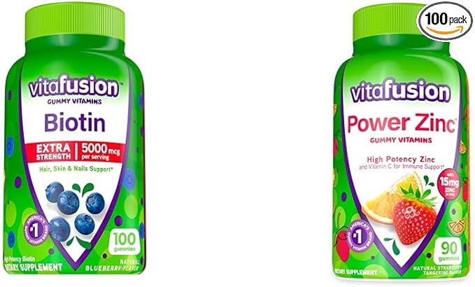 Vitafusion Extra Strength Biotin 5000 mcg and Power Zinc 15 mg Gummy Vitamins 100 and 90 Count