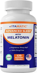 Vitamatic Advanced Sleep Aid with Melatonin - 120 Vegetable Capsules Made with B6 Magnesium L-Theanine L-Tryptophan 5-HTP GABA Valerian Chamomile Passion Flower Ashwagandha &amp Black Pepper
