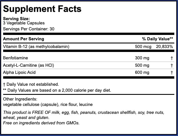 Neuropathy Relief™ Nerve Health Formula - Advanced Support with Alpha Lipoic Acid Acetyl-L-Carnitine Benfotiamine and Vitamin B12-90 Capsules