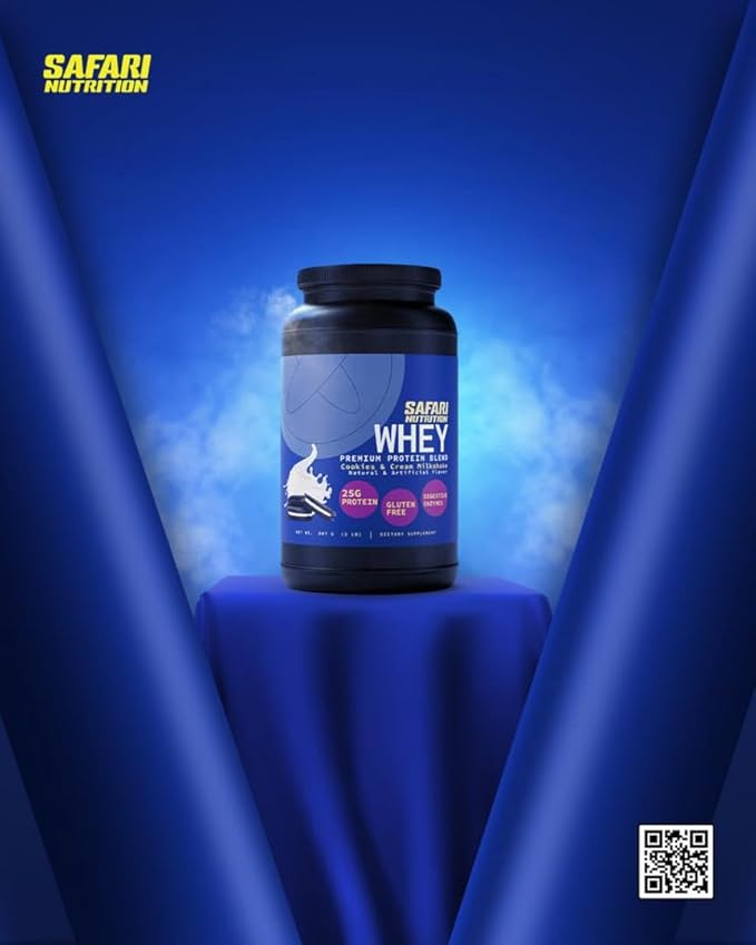 Safari Nu 100% Whey Premium Protein Powder Cookies and Cream - 2 LB Tub 25G of Protein - Concentrate &amp Isolate Whey Protein Blend - 12g BCAAs