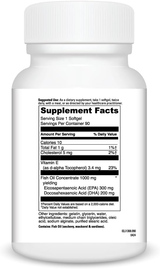 Omega-3 Fish Oil Supplement – 1000 mg Wild-Caught Fish Oil with 300 mg EPA &amp 200 mg DHA per Softgel – Enteric Coated No Fishy Aftertaste – Heart Brain &amp Cholesterol Support