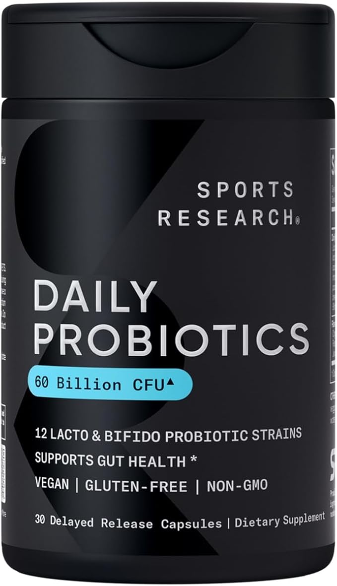 Sports Research Daily Probiotics with Prebiotics 60 Billion CFU - Vegan Capsules for Gut Health &amp Digestive Support Probiotics for Women &amp Men - Non-GMO Verified &amp Gluten Free - 30 Count