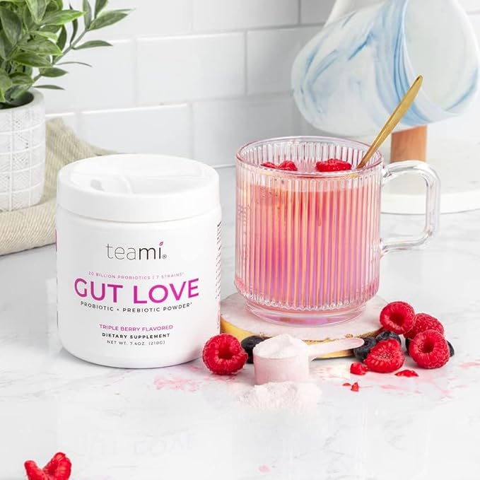 Teami Prebiotic and Probiotic Powder for Women - Promotes Digestion Bloating Relief &amp Belly Balance - Gut Health Powder with 20 Billion Probiotics &amp 7 strains - Triple Berry Gut Love 30 Serv