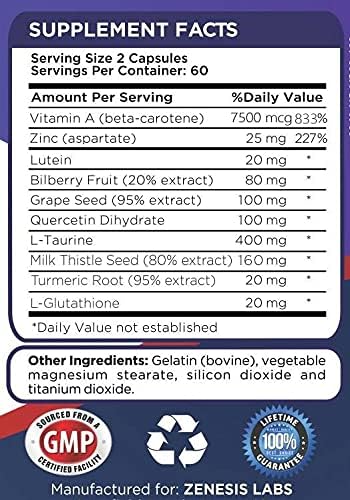 Zenesis Labs Lutein Vision Support - Essential Eye Vitamin - with Bilberry Beta-Carotene Zinc Grapeseed &amp Other Minerals - 120 Capsules - 60 Day Supply