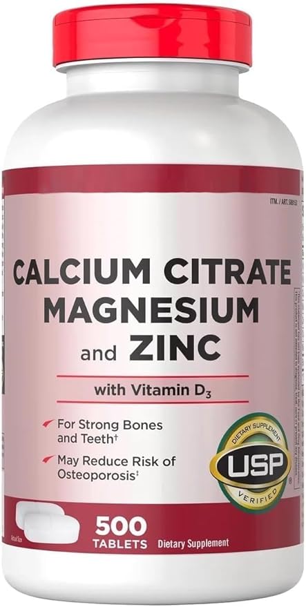 Calcium Citrate 500mg with Magnesium Zinc and Vitamin D3 - Bone Strength &amp Immune Support Supplement - Supports Healthy Teeth &amp Muscle Contraction - USP Verified - 500 Tablets