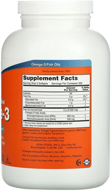 NOW Foods Supplements Omega-3 180 EPA / 120 DHA Molecularly Distilled Cardiovascular Support* 500 Softgels (Pack of 2)