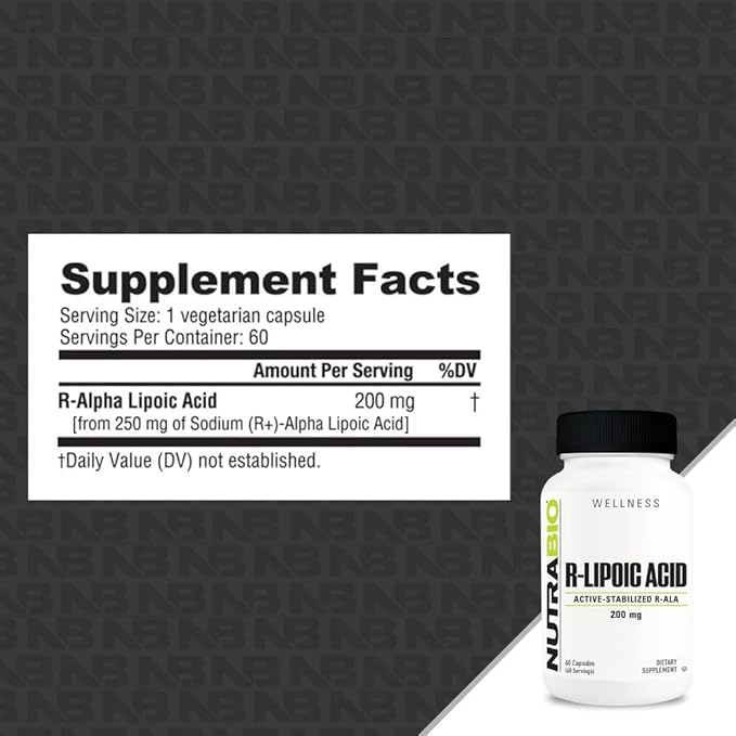 NutraBio R-Lipoic Acid Supplement 200mg Active Stabilized R-ALA - Optimized Alpha Lipoic Acid Formula for Better Absorption to Support Health and Wellness - 60 Capsules