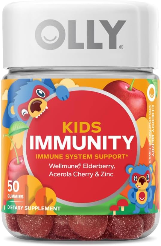 OLLY Kids Chillax Magnesium Gummies Plus L-Theanine Lemon Balm &amp Kids Immunity Gummy Immune Support Wellmune Elderberry Vitamin C Zinc Chewable Supplement Cherry - 50 Count