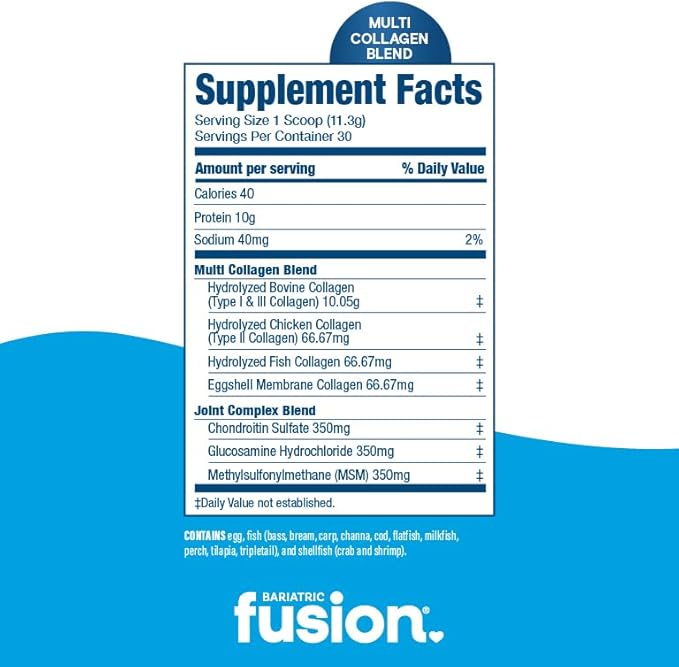 Bariatric Fusion Unflavored Multi Collagen Protein Powder | Hydrolyzed Collagen Peptides Powder Plus Joint Support Complex of MSM and Glucosamine | Type 2 | Dairy Gluten &amp Soy Free | 30 Servings