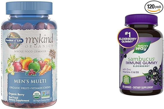 Garden of Life Organics Men's Gummy Vitamins Multi Berry 120 Count &amp Nature's Way Sambucus Elderberry Immune Gummies Daily Immune Support for Kids and Adults*