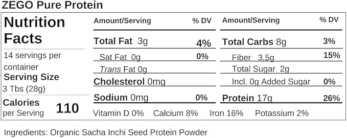 ZEGO Organic 100% Sacha Inchi Seed Protein Purity Tested Gluten Free Top 14 Allergy and Corn Free Soy Free Vegan 15oz (Bundle of 5 Bags)
