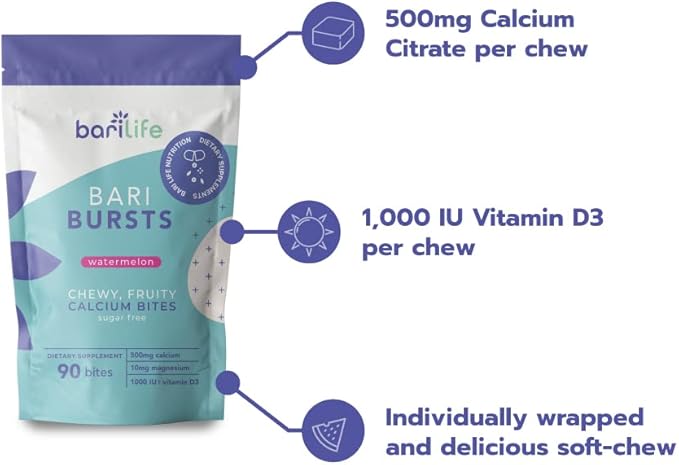 Bari Life Just One Chewable: Once Daily Bariatric Multivitamin + Iron and and BariBurst Calcium Citrate Soft Chews for Gastric Bypass Gastric Sleeve and Duodenal Switch (Watermelon)