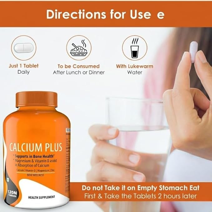Calcium Plus with Calcium Citrate Vitamin D Magnesium and Zinc Ideal Supplement for Joint Support of Men &amp Women - 120 Tablets