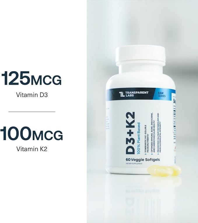 Transparent Labs Vitamin D3 K2 - Vitamin D &amp K2 Vitamin Supplement for Men &amp Women Vegan-Friendly D3K2 5000 IU Supplements to Support Bone Immune and Overall Health - K2 D3 60 Capsules