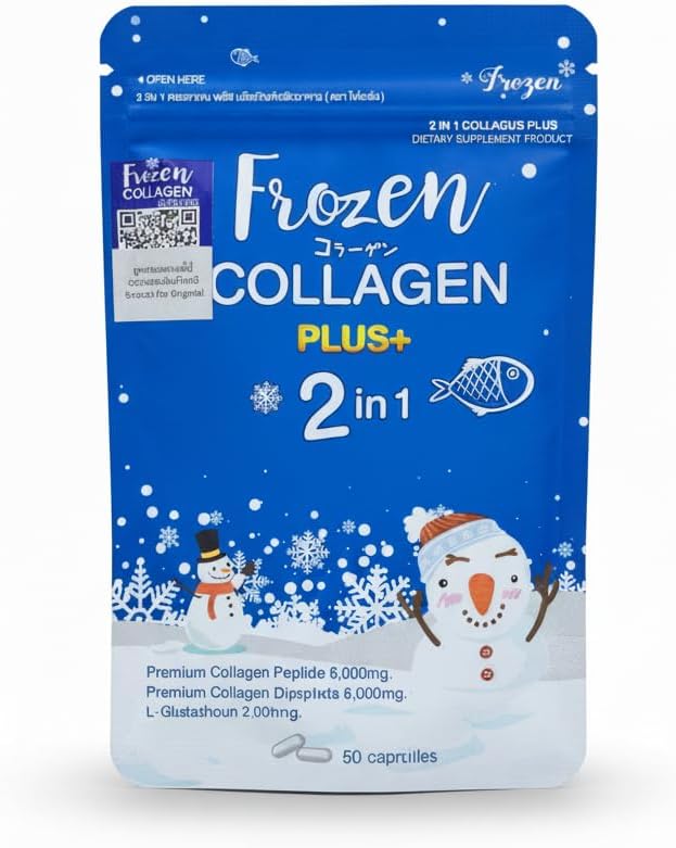 Frozen Collagen Plus+ 2-in-1 Marine Supplement - 100mg Collagen Peptide 100mg Collagen Dipeptide &amp 50mg L-Glutathione per Capsule for Skin Radiance - 120 Capsules (2-Pack)