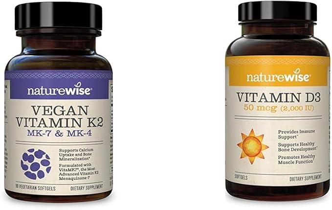 NatureWise Vegan Vitamin K2 100mcg &amp MK4 500mcg Bone Health - Vitamin D3 2000iu Immune Support 360 Count