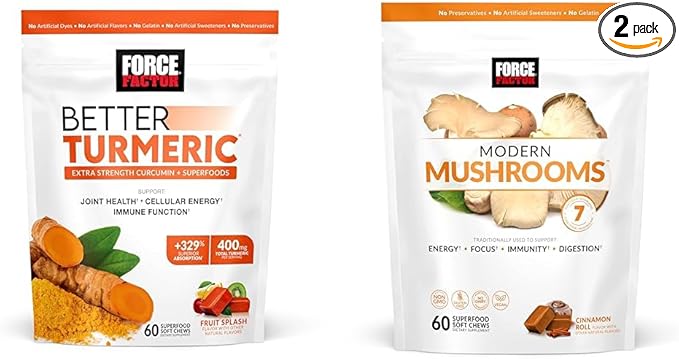 Force Factor Better Turmeric Joint Support Supplement for Extra Strength Joint Health &amp Modern Mushrooms Soft Chews Mushroom Supplement with Lions Mane Turkey Tail