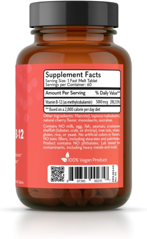 MD Logic Health Methyl-B12 5000 for Optimal Energy Levels* - 60 Fast Melt Tablets - 100% Vegan Product - Made in New York