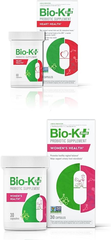 Bio-K+ Probiotic Bundle: Heart Health (60 ct) for Cholesterol Support + Women’s Health (30 ct) for Vaginal &amp Urinary Tract Health. Vegan Non-GMO Shelf-Stable.