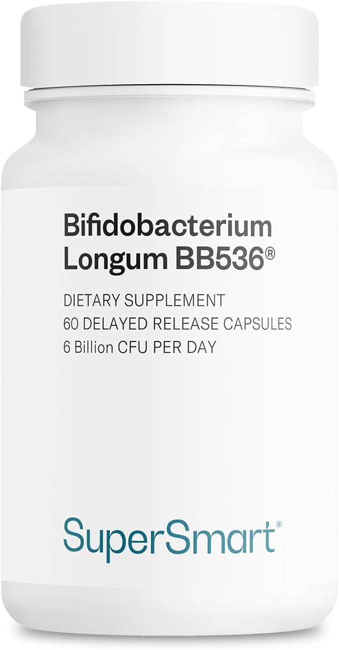 Supersmart - Bifidobacterium Longum (BB536) 6 Billion CFU per Day - Probiotics &amp Prebiotics Supplement | Non-GMO &amp Gluten Free - 60 DR Capsules