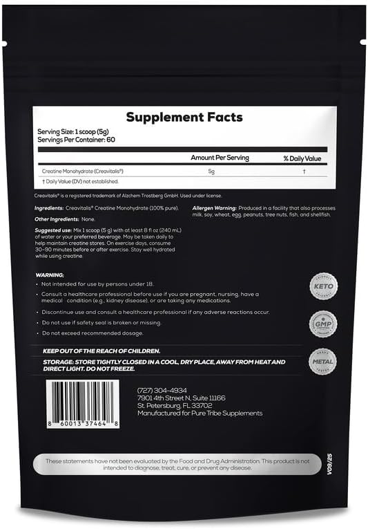 PURE TRIBE PureCreatine – Micronized Creatine Monohydrate Powered by Creavitalis – Unflavored Creatine Monohydrate Powder for Energy &amp Recovery – No Bloating Easy Digestion – 5g per Scoop 300g