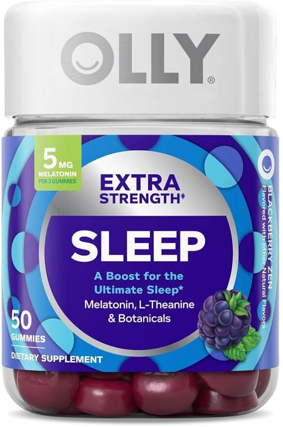 OLLY Extra Strength Sleep Gummy with Melatonin L-Theanine Chamomile Lemon Balm BlackBerry Flavor - 50 Count &amp Muscle Recovery Sleep Gummies with Melatonin Tart Cherry Vitamin D Berry Flavor