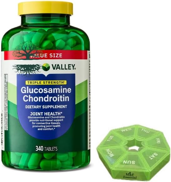 M&ampF Essential Triple Strength - Glucosamine Chondroitin- 340 Tablets by Spring Valley- Joint Health &amp Mobility Support- Dietary Supplement- Pill Organizer