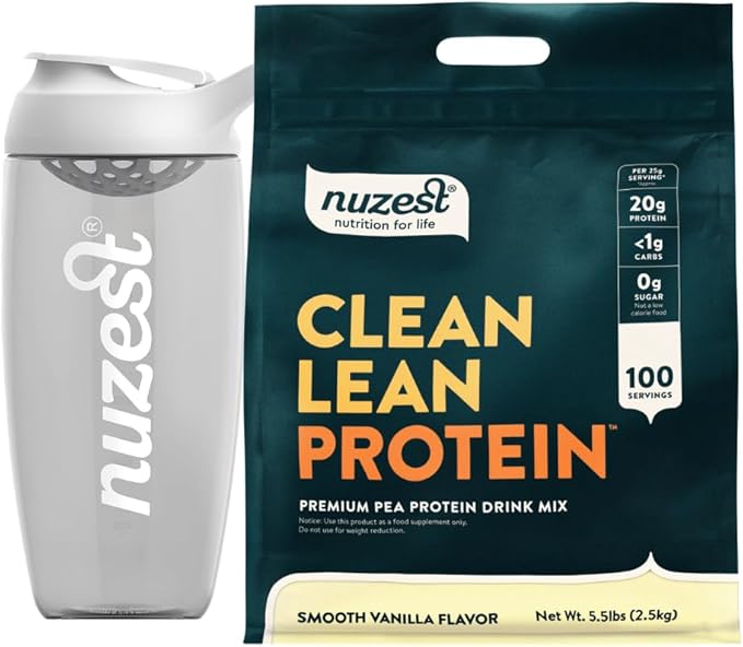Nuzest Vegan Pea Protein Powder - Clean Lean Protein 100 Servings 20g Protein Smooth Vanilla Protein Shake Mix + Sports Shaker Bottle 24oz