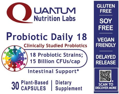Quantum Nutrition Labs Probiotic Daily 18 - Probiotics for Digestive Health Probiotics for Women and Men with Lactobacillus Acidophilus Reuteri for Healthy Gut Microbiome - 30 Vegetarian Capsules