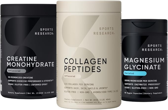 Sports Research® Supplements Pack - Hydrolyzed Type 1 &amp 3 Collagen Powder Protein + Creatine Monohydrate + 160 mg Magnesium Glycinate