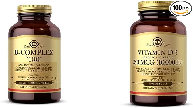 Solgar B-Complex 100 100 Vegetable Capsules - Heart Health - Nervous System Support - Supports En with Vitamin D3 (Cholecalciferol) 250 MCG (10000 IU) 120 Softgels - Helps Maintain Healthy Bones