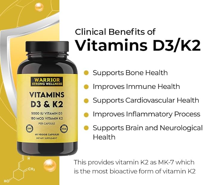 Vitamin D3 and K2 Supplement - 5000IU Vitamin D3 and 180MCG Vitamin K2 Supplement - Immune Heart Health - 2 Month-Supply 60 Veggie Capsules