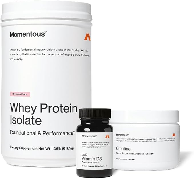 Momentous Arnold's Stack - Creatine Monohydrate Powder Essential Grass-Fed Whey Protein Powder (Strawberry) &amp Vitamin D3 (2000 IU) - Daily Fundamentals to Support Muscle Strength &amp Longevity