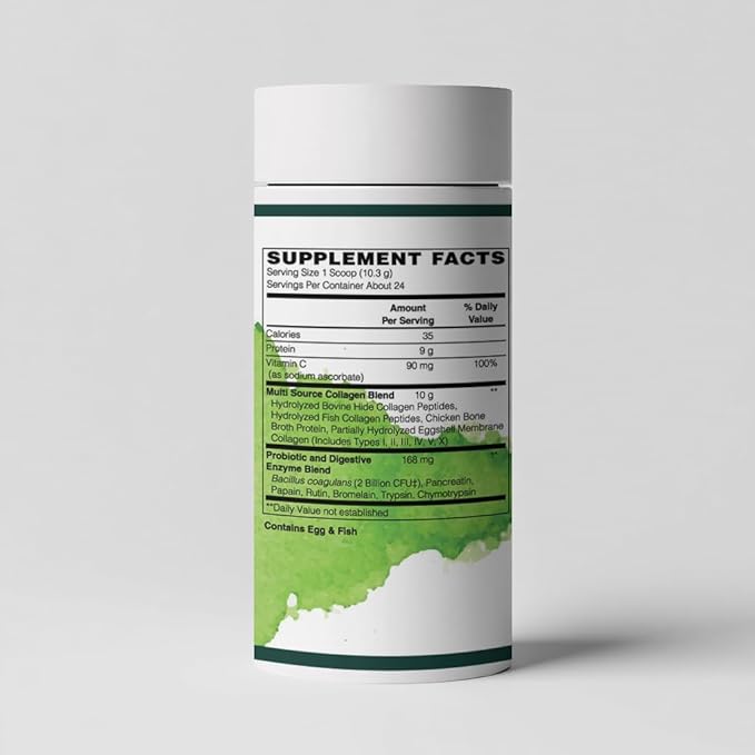 Collagen Peptides Powder - 10g Types I II III IV V X Collagen + Probiotic &amp Enzymes for Hair Skin Joint &amp Gut Support | Grass-Fed BovineWild-Caught FishChicken Bone BrothEggshell | Unflavor