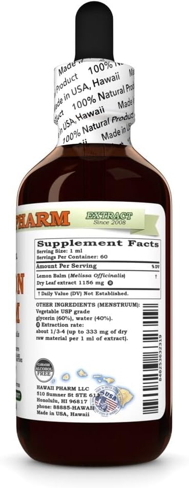 Hawaii Pharm Lemon Balm Alcohol-Free Extract Glycerite for Relaxation Supports Restful Sleep Promotes Mental Clarity and Cognitive Function Eases Digestive Discomfort - 2 fl.oz