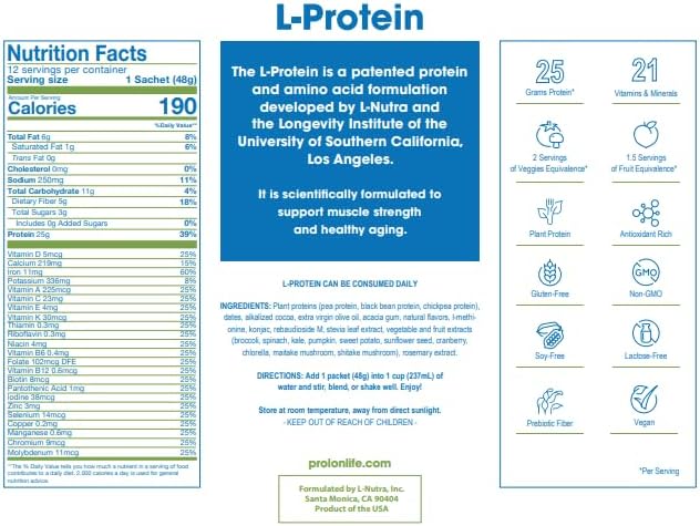 Prolon Longevity Plant Based Protein Powder | Muscle Synthesis &amp Repair Healthy Aging Boost Performance | Vitamins Gluten Free Amino Acids | 25g of Protein | Chocolate and Berry 24 Packets