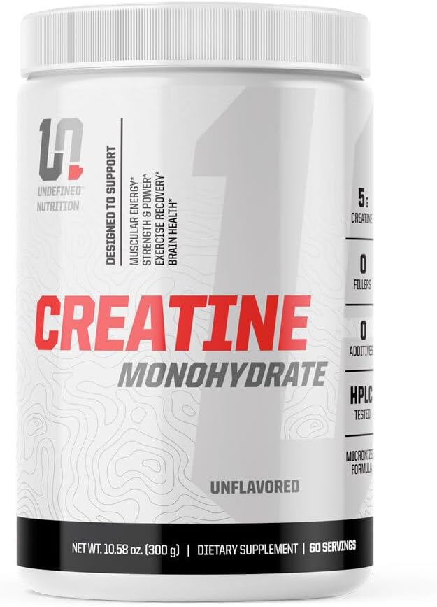 Undefined Nutrition Creatine Monohydrate by Brian Shaw (Unflavored 60 Servings) - Easy Mixing and Absorbing Micronized Creatine Monohydrate Powder - Supports Muscular Energy Power and Brain Health