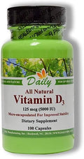 Daily Manufacturing Vitamin D3 5000 IU (125 mcg) – Non‑GMO Gluten‑Free Kosher Vegetarian Capsules – Supports Bone Immune &amp General Wellness - 100 Count