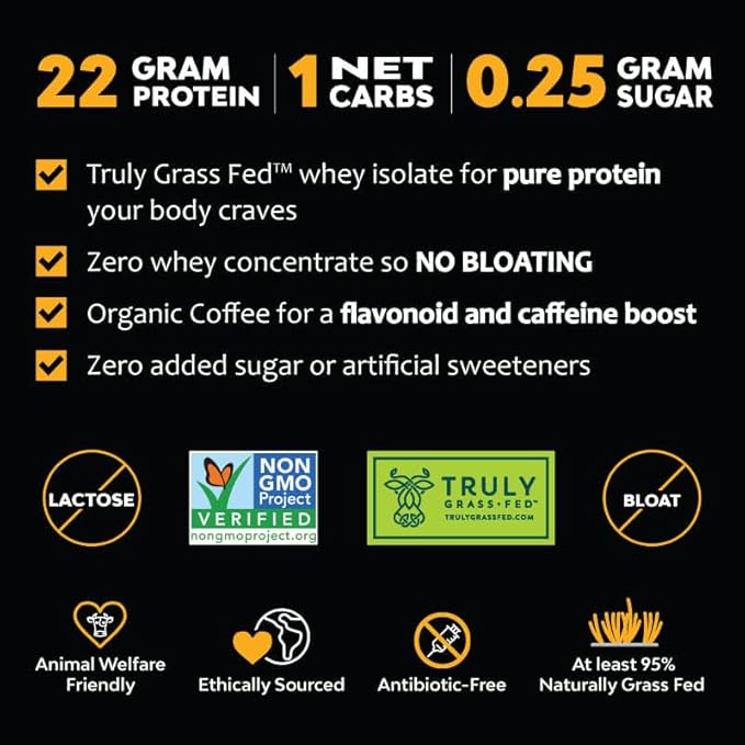 MariGold High Protein Coffee - Iced Purist Flavor | 22g Grass-Fed Whey Isolate Protein 2 Shots Organic Espresso Non-GMO 108 Calories 1 Net Carb | 1 Lb Bag - 15 Servings