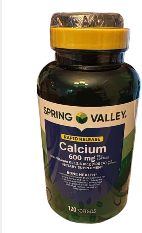 Spring Valley Calcium 600 mg with Vitamin D3 12.5 MCG 120 Softgels Bone Health Support Rapid-Release Gluten-Free