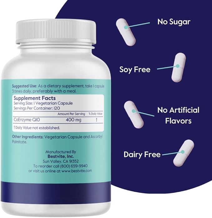 BESTVITE Coenzyme CoQ10 400mg (120 Vegetarian Capsules) Naturally Fermented - No Stearates - Vegan - Gluten Free - Non GMO