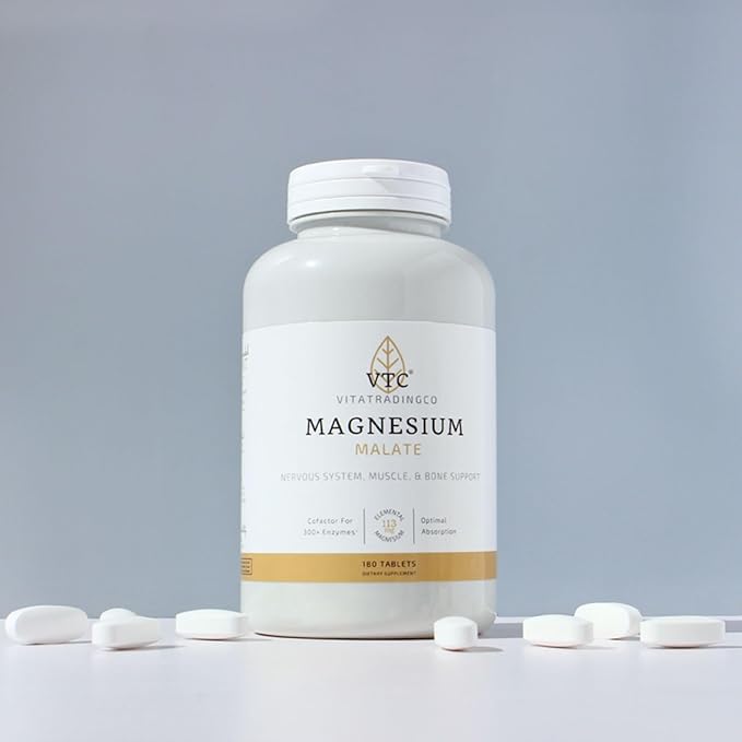 VTC VitaTradingCo. Magnesium Malate | 113mg Elemental Magnesium | Cofactor for 300+ Enzymes | Gentle &amp Highly Absorbable | Nervous System Muscle &amp Bone Support | 180 Tablets