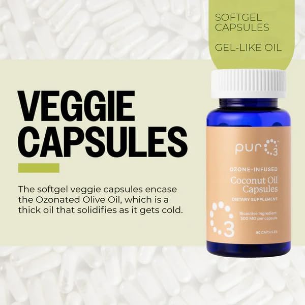 PurO3 Coconut Oil Capsules - High Potency Pure Ozonated Oils for Immune Support &amp Wellness Benefits - Organic Oxygen Infused Supplement - 90 Veggie Softgels